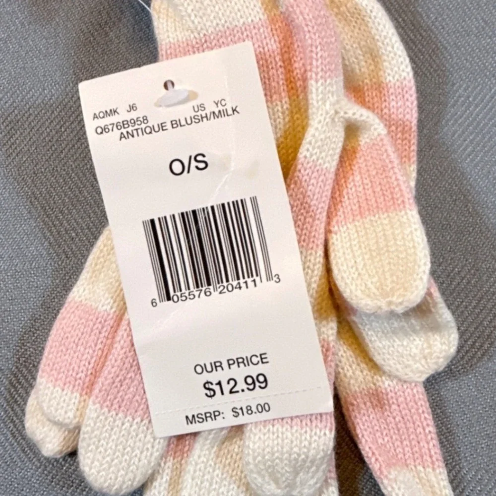 Guess Jeans Striped Knit Gloves Blush Milk Rhinestone Logo Cashmere Blend 2258